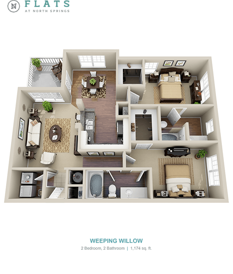 Floor plan for 2 beds, 2 baths, 1174 sqft